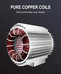 Front view: Bemonoc 120W AC worm gear reducer motor with exposed copper windings inside white housing, 14mm output shaft