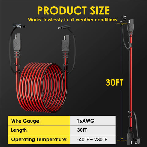 SAE To SAE 30 Ft Extension Cable With 16 AWG Pure Copper Core, weatherproof connectors, coiled layout, product size display