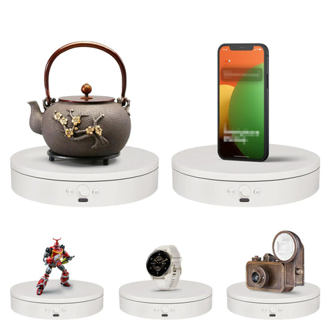 Foxvee 7.87 Inch White Motorized Rotating Display Stand 360 Silent Spinning Turntable showcasing a teapot, phone, figure, watch, and camera.