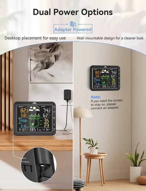 10-In-1 Wireless Weather Station with Outdoor Sensor, shown on table and wall, featuring large color LCD and dual power options.