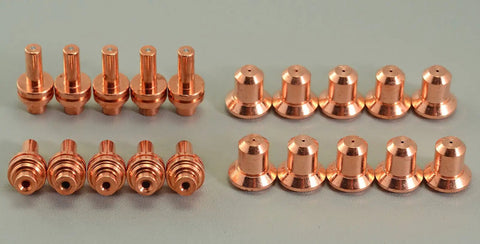 Extended Nozzle And Electrode Set For PowerMax 350 380 Plasma Cutters 25 Amp Replacement 20 Pack Includes 10 Nozzles 120504 And 10 Electrodes 020382 OEM Style