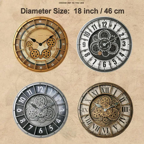 Four styles of 18 Inch Moving Gears Wall Clock Oversized Industrial Steampunk Design With Antique Oil Rubbed Bronze Finish.