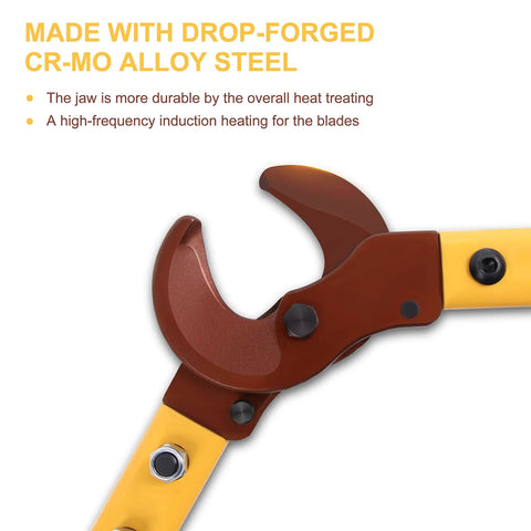 Close-up of Heavy Duty Long Arm Cable Cutters designed to knock out thick copper and aluminum wiring with CR-Mo jaws.