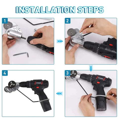 Installation steps for Fast Cutting Metal Nibbler Drill Attachment on electric drill, showing step-by-step attachment process.