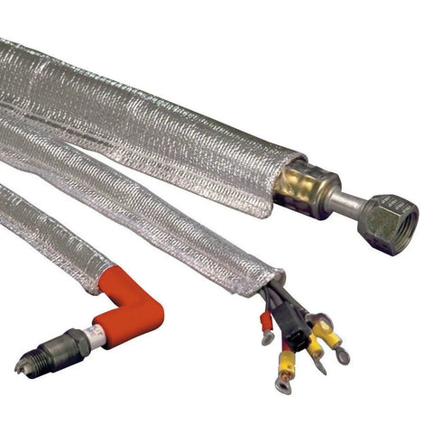 Aluminized Heat Sheath Sleeving With Half Inch Inner Diameter Three Feet Long, Heavy Duty High Temp Heat And Abrasion Shield visible