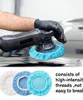 Person using a 9-10 inch orbital buffer with 20 Piece 9 To 10 Inch Car Polisher Bonnet Pads Microfiber Polishing Pad Covers Pro Grade.