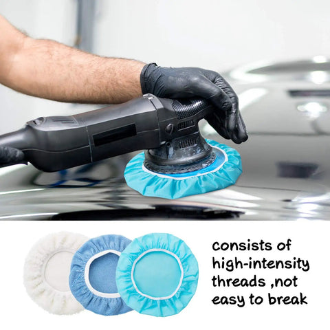 Person using a 9-10 inch orbital buffer with 20 Piece 9 To 10 Inch Car Polisher Bonnet Pads Microfiber Polishing Pad Covers Pro Grade.