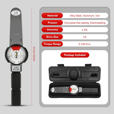 Dial Indicator Torque Wrench Half Inch Drive 0 to 100 Nm Pro Grade Precision Torque Meter With Case High Accuracy Fastener Tool For Pros And DIY Clear Dual Readout Dial For Easy Readings And Reliable Tightening, 1/2 in drive case