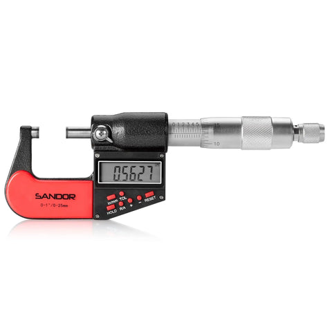 Front view of Digital Outside Micrometer With Carbide Tip For Precise Measurements 0 To 1 Inch And 0 To 25 Mm Range With 0.00005 Inch And 0.001 Mm