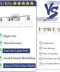 Comparison of our Chrome Four-Light Vanity Light Fixture Over Mirror With Clear Glass Shade and competitor’s smaller version.
