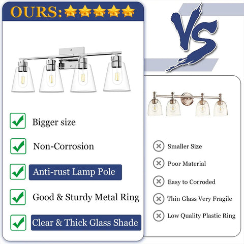 Comparison of our Chrome Four-Light Vanity Light Fixture Over Mirror With Clear Glass Shade and competitor’s smaller version.