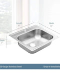 2000 Series 25 Inch 20 Gauge Drop In Stainless Steel Kitchen Sink With Quick Mount Single Bowl 1 Hole Noise Reducing Sound Shield