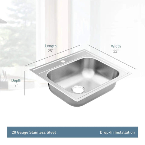 2000 Series 25 Inch 20 Gauge Drop In Stainless Steel Kitchen Sink With Quick Mount Single Bowl 1 Hole Noise Reducing Sound Shield