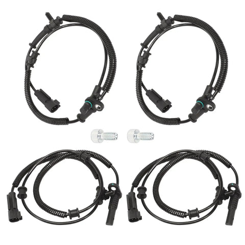 Heavy Duty 4 Piece Abs Wheel Speed Sensor Kit Fits 2013 Through 2018 Ram 1500 with wiring connectors and hardware.