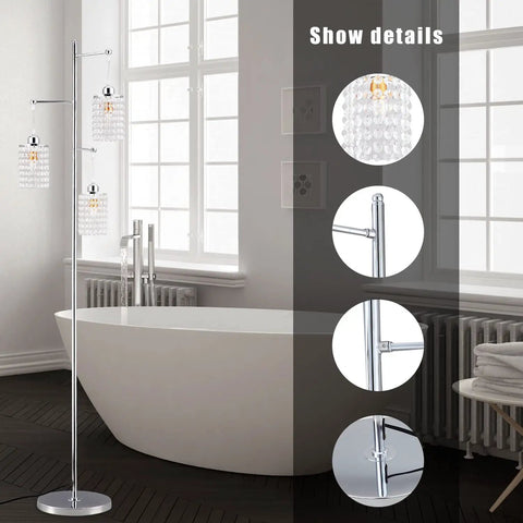 Three-Light Contemporary Crystal Floor Lamp With K9 Crystal Lampshade Chrome Finish For Living Room Bedroom Or Office Bulb Included Stable Base Kid And Pet Safe Easy Assembly For Quick Setup next to bathtub and radiator