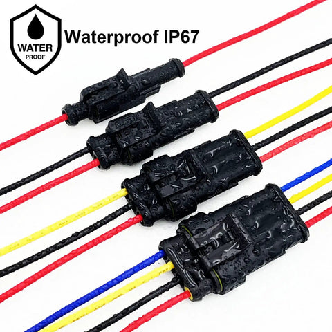 Close-up of 14 Gauge 2 Pin Waterproof Wire Connectors Kit with 10 sets, includes male and female connectors with heat shrink tubing.