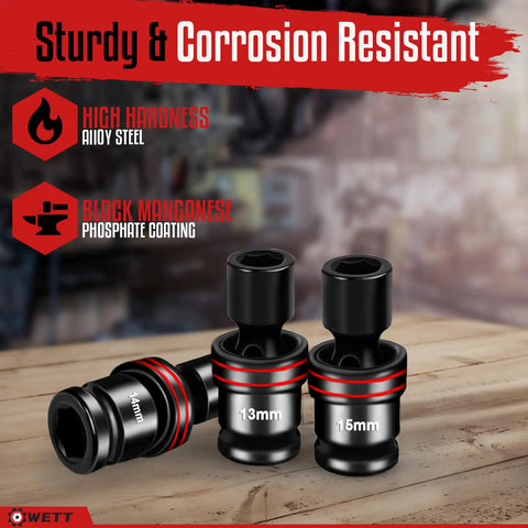 Beefy 18-Piece Half Inch Drive Shallow Impact Universal Joint Socket Set With Metric Wobble Sockets 10-24mm, Includes 3 Inch And 6 Inch Extension Bars, Quarter To Half Inch And Three Eighths To Half Inch Adapters, 6 Point, 13mm and 15mm sockets
