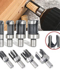 Eight Piece Wood Plug Cutter Drill Bit Set with Titanium Coated Carbon Steel for wood projects, showcasing standard and tapered cutters.