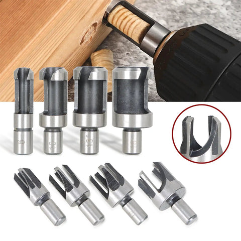 Eight Piece Wood Plug Cutter Drill Bit Set with Titanium Coated Carbon Steel for wood projects, showcasing standard and tapered cutters.