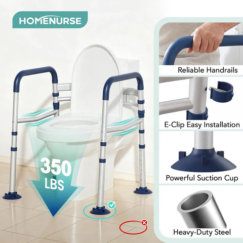 Adjustable Toilet Safety Rails For Seniors Rock Solid Bathroom Grab Bars with heavy-duty steel frame and reliable handrails.