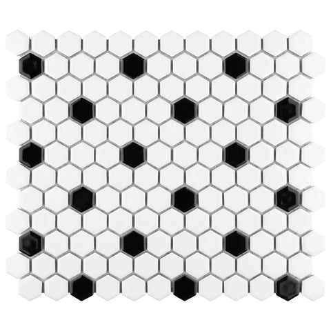 Glossy White 1-Inch Hex Porcelain Mosaic Tile With Black Dot For Floor And Wall Use Slick Mesh Mounted, high sheen finish