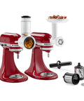 Game Changing Food Grinder And Fresh Prep Slicer Shredder Attachment Bundle with stand mixers, showing grinding and slicing tools.