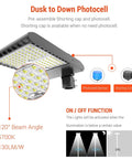 Dusk To Dawn 300W LED Parking Lot Light Hella Bright 5700K 39,000 Lumens Shoebox Outdoor Fixture shown with photocell features.