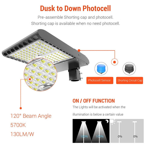Dusk To Dawn 300W LED Parking Lot Light Hella Bright 5700K 39,000 Lumens Shoebox Outdoor Fixture shown with photocell features.