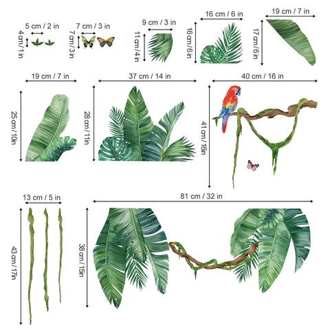 Palm Leaf Wall Decals Set For Living Room And Bedroom Tropical Green Plant Stickers Peel And Stick Wall Art For TV Backdrop Waterproof No Mess Adhesive Easy Removable 52 Inches Wide showing leaf and parrot details