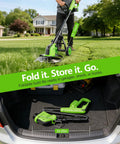 User folding and storing Cordless 800W Brushless Weed Wacker With Wheels 20,000 RPM 12 Inch 4 In 1 String Trimmer in trunk