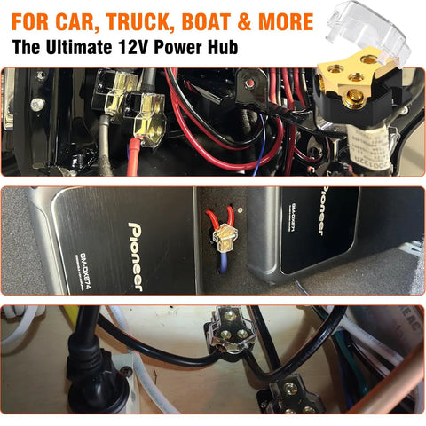 12V Power Distribution Block 2 Way Ground Splitter For Car Audio With Protective Cover And Beefy Gold Plated Brass Terminals Handles 0 2 4 Gauge Input To 4 8 10 Gauge Output Heavy Duty Ground Block For Automotive Marine Boat Truck in car, boat and truck wiring