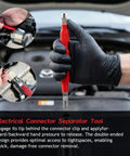 Five Piece Auto Wiring Harness And Fuel Line Repair Tool Kit with connector tool in use on car engine