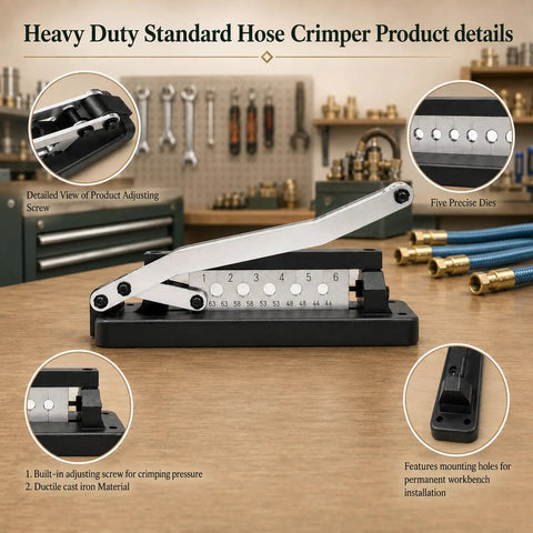 Heavy Duty Hose Crimping Tool Kit For One Quarter, Five Sixteenths And Three Eighths Inch ID Hoses With One Hundred Ferrules Including 0.593 And 0.625 Inch Dies, Bench Mounted Crimper Works As A Real Workhorse For PVC Rubber And Air Hoses, ductile cast iron