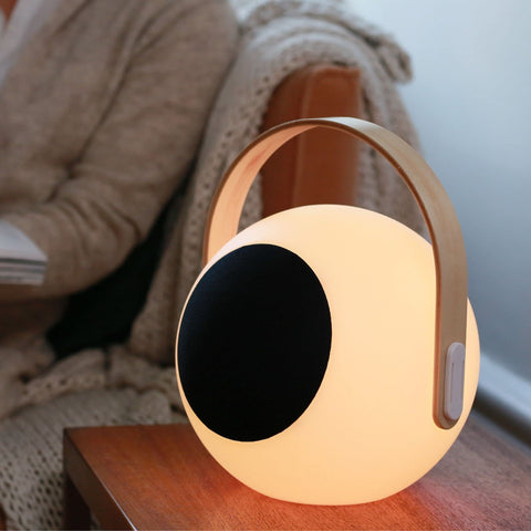 Eye Color Changing LED Lantern With 10W Bluetooth Speaker on table, white mood lamp for outdoors, Lit Vibes RGB effects