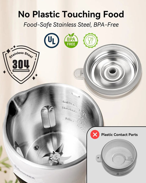 Front view of IAGREEA 10-in-1 nut milk maker with 304 stainless steel bowl and BPA-free lid, 35oz.