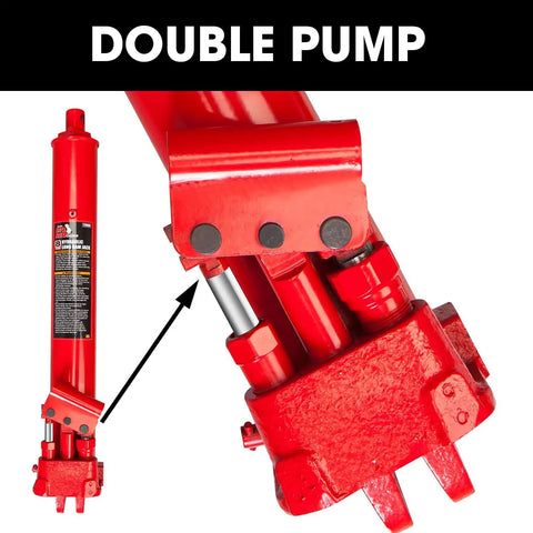 Close-up of Heavy Duty Hydraulic Long Ram Jack With Dual Piston Pump And Clevis Base For Garage And Shop Lifts 8 Ton Capacity