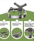 Hand Operated Mini Winch For Outdoor Use Built Tough With Rust Proof Aluminum Delivers Smooth Tension For Tent Ropes Clotheslines And Pool Covers Compact Yet Durable Easy To Tighten And Maintain In Any Weather. Aluminum mini winch with Y-handle, close-up and detail views.