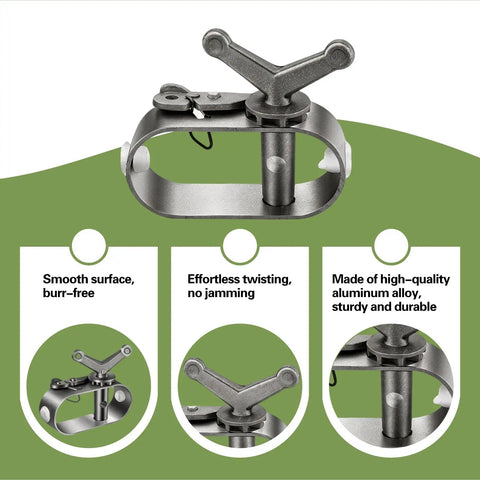 Hand Operated Mini Winch For Outdoor Use Built Tough With Rust Proof Aluminum Delivers Smooth Tension For Tent Ropes Clotheslines And Pool Covers Compact Yet Durable Easy To Tighten And Maintain In Any Weather. Aluminum mini winch with Y-handle, close-up and detail views.