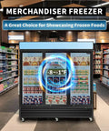 Rock Solid 70 Cu Ft Commercial Glass Door Freezer, Swing Front Retail Merchandiser Upright Reach In Display Cooler with frozen food showcase.
