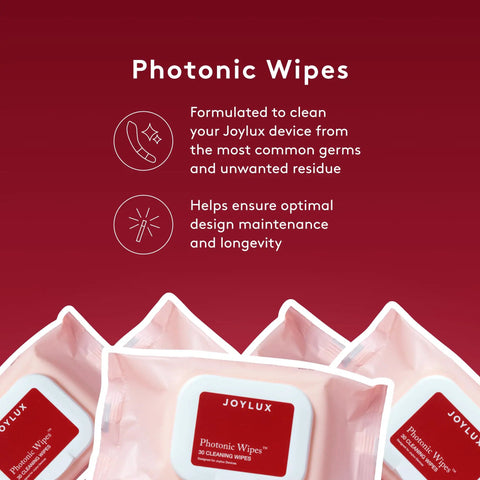 Photonic Wipes For Vfit Device Women’s Cleaner Mild Formula That Protects Silicone Lights And Electronics Keeps Your Vfit Gear Clean Safe And Long Lasting 30 Count product packaging close-up.