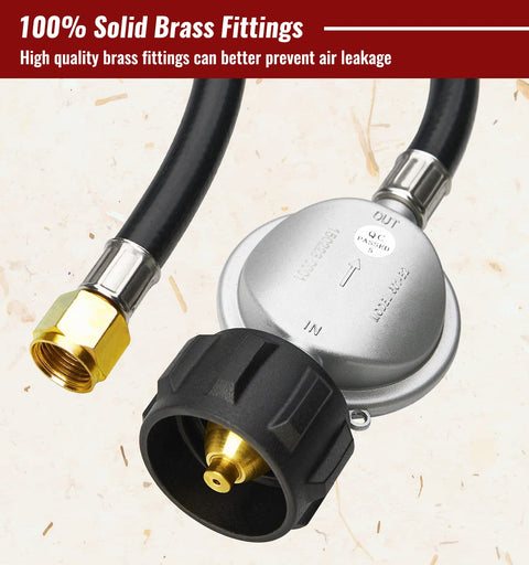 Close-up view of Six Foot Propane Hose With Regulator For Grills And Fire Pits, showing solid brass fittings and hose connections.