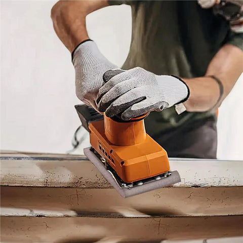 Person using Heavy Duty Mesh Sanding Sheets For Wood Drywall And Metal on a power sander, smoothing surface effectively.