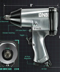 Built Different Heavy Duty 17 Piece Air Tool Kit With 1/2 Inch Pneumatic Impact Wrench Ratchet Set showing features and dimensions.