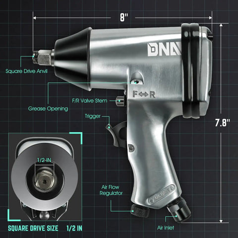 Built Different Heavy Duty 17 Piece Air Tool Kit With 1/2 Inch Pneumatic Impact Wrench Ratchet Set showing features and dimensions.