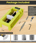 Door Hinge Jig and Mortiser Kit package contents with green clamping jig and tools for accurate positioning, fits standard mortises.