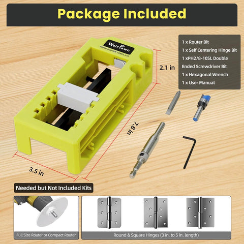 Door Hinge Jig and Mortiser Kit package contents with green clamping jig and tools for accurate positioning, fits standard mortises.