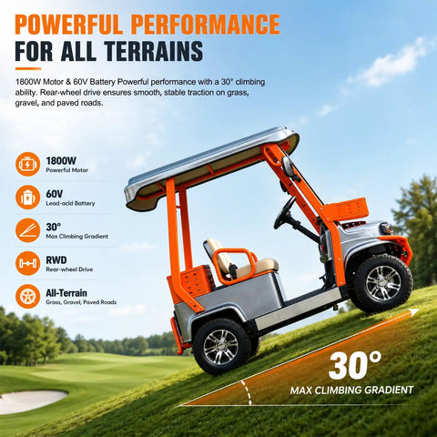 Heavy Duty Electric Golf Cart For Adults With 1800W Motor And 60V Battery Featuring Fixed Canopy Weather Guard on a slope.