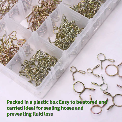 330-piece stainless steel spring hose clamps assortment in a clear plastic box, sizes 5–13 mm