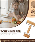 Mini Wooden Rolling Pin For Dough With Double Handles Nonstick Pizza Roller shown with father and daughter in kitchen