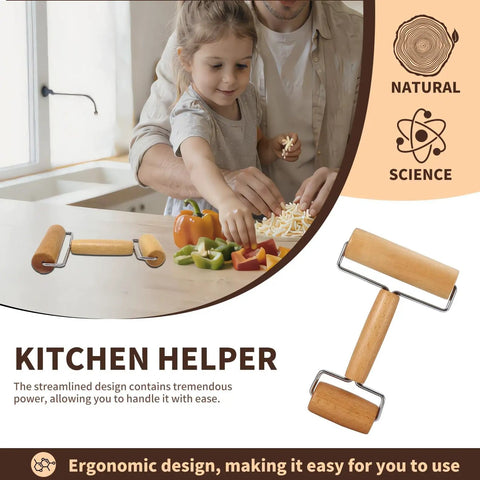 Mini Wooden Rolling Pin For Dough With Double Handles Nonstick Pizza Roller shown with father and daughter in kitchen